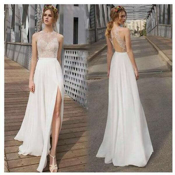 Beautiful White Side Split Prom Dress, Open Back Charming Bridesmaid Dresses, Cheap Simple Beach Wedding Dress, WD0190