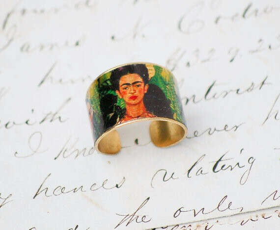 Frida Kahlo Ring Brass Adjustable Art Ring Bohemian Mexican Artist by Redtruckdesings
