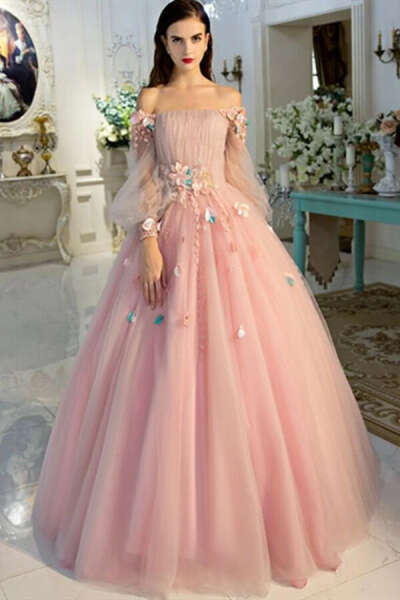 Promfast Long Sleeve Prom Dresses Pearl Pink Ball Gown Long Floral Fairy Prom Dress PFP1977