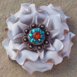 LEATHER FLOWER WHITE GARDENIA WITH ANTIQUE COPPER FIREOPAL/ TEAL CONCHO 1"