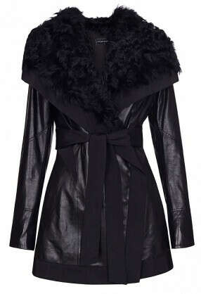 Женская кожаная куртка с большим отложным воротником из меха кудрявого козлика