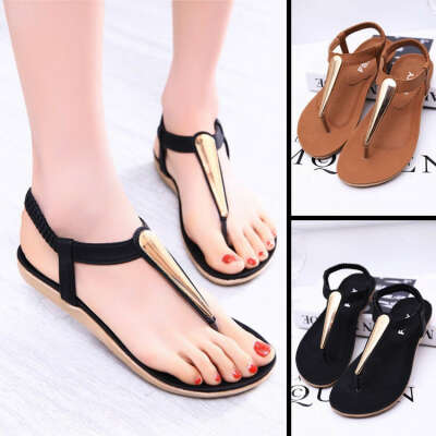 New Summer Women Girl Metal sandals Flat Heel T-Strap Flip flops Sandel