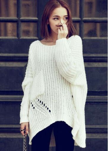 Fashion White High Low Hem Slouchy Sweater with Round Neck