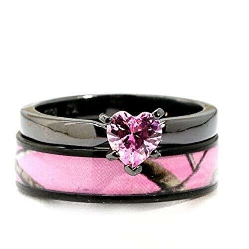 Pink Camo Women`s Stainless Steel and Sterling Silver Tourmaline Engagement Ring