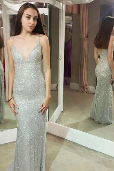 Shiny Mermaid Spaghetti Sheath Silver Long Sexy Prom Dresses PFP0012