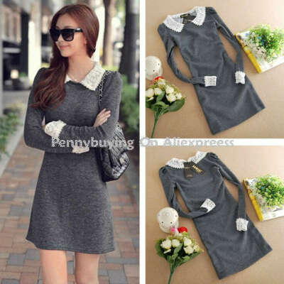 CD42# 2014 Autumn New Fashion Clothes Women Lace Collar Dress OL Lady Long Sleeve Slim Casual Cotton Dress-in Dresses from Apparel & Accessories on Aliexpress.com