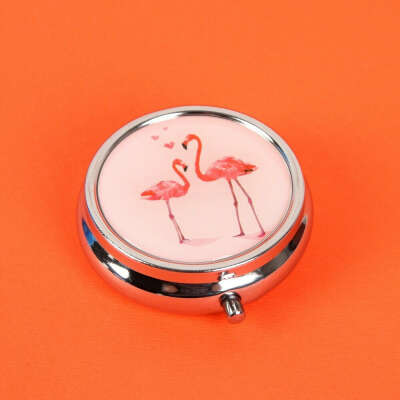 Мини таблетница круглая "Фламинго", с зеркальной поверхностью, карманная, 3 секции
