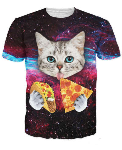 Бренд одежды Harajuku футболка Homme хип хоп мужчины 3D напечатаны милый кот с голубыми глазами питание тако пицца в пространстве галактики купить на AliExpress