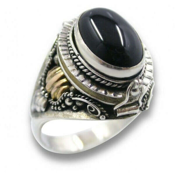 Man Poison Ring Sterling Silver Black Onyx Pill Box with 14k Gold Accents Hidden Compartment Online