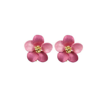 Anemone Fuchsia Pink Enamel Gold Tone Clip On Earrings