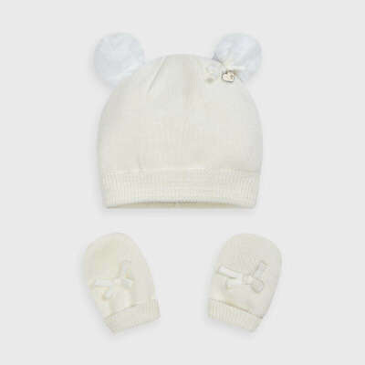 Mayoal Baby Girls Hat & Mittens Set Ivory