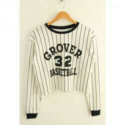 Stripe Letter Print Color Block Cotton Blend Casual Style Long Sleeves Sweatshirt For Women