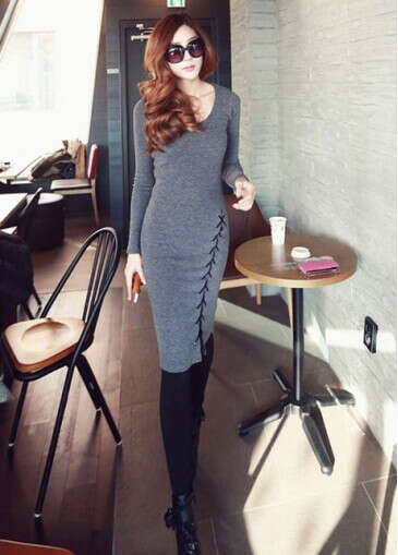 Korean Style Lace Up Design Round Neck Grey Straight Dress