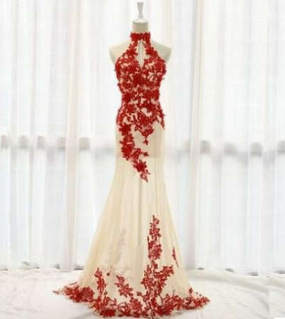 Red Applique High Neck Tulle Formal Charming On Sale Evening Party Long Prom Dresses, WG238