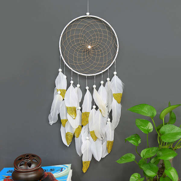 Handmade Creative Dream Catcher with Golden Feather Wall Hanging Decoration - brixini.com
