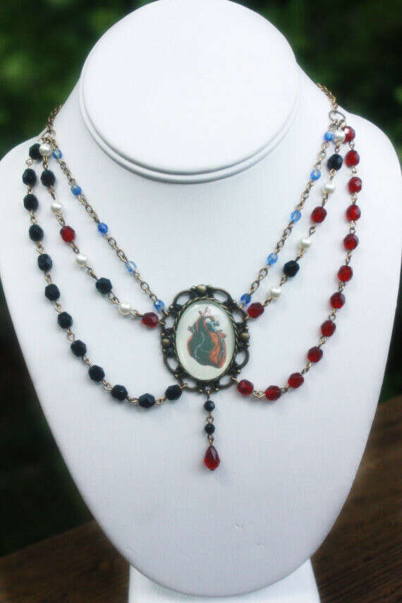 Human Heart Gothic Victorian Czech Glass and Swarovski Crystal Antique Gold Necklace