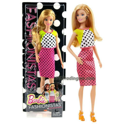 Barbie Fashionistas 12" Doll - BARBIE (DGY62) in White, Black, Pink and Yellow Dress with Polka Dots Plus Earrings