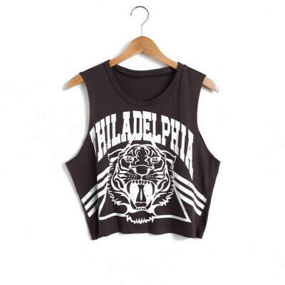 Plus Size Scoop Neck Tiger and Letter Print Cotton Crop Top Tank Top For Women