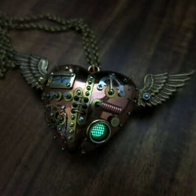 Reserved Do Not Buy, Flying heart necklace, Heart with wings charm, Steam punk necklace, Green Glow in the dark jewelry, Steampunk jewelry