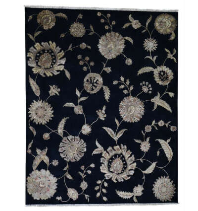 8&#039;x10&#039; Black Half Wool and Half Silk Rajasthan Hand Knotted Oriental Rug