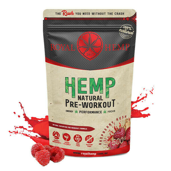 Hemp Pre-Workout Raspberry Rush 500g | is a Hemp packed pre-workout energising thermogenic formula m