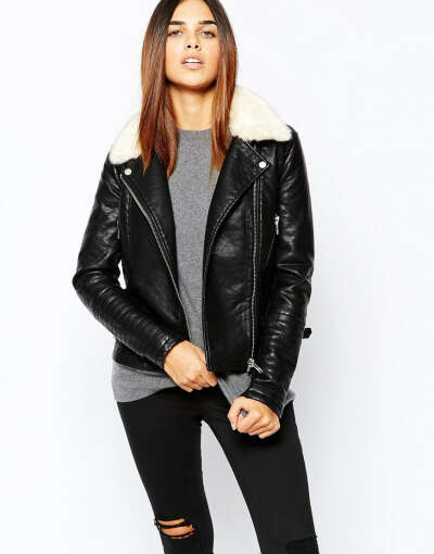 Warehouse Fur Collar Textured Pu Biker Jacket at asos.com