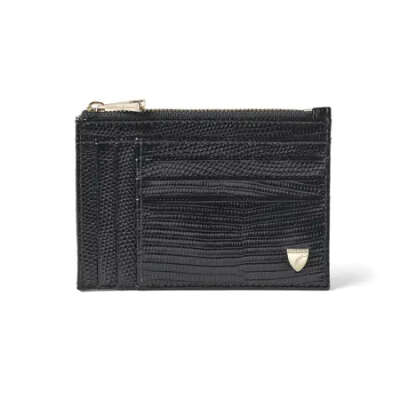 Double Sided Zipped Card & Coin Holder in Black Lizard