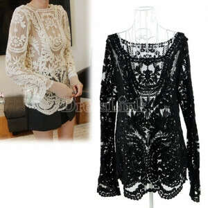 Semi Sexy Sheer Sleeve Embroidery Floral Lace Crochet Tee T-Shirt Top T shirt