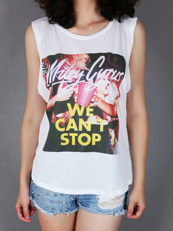 We can&#039;t stop Miley Cyrus sleeveless sideboobs Pop Rock T-Shirt Miley Cyrus shirt  Women T-Shirt Size S,M,L