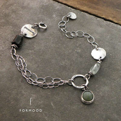 Delicate bracelet - oxidized sterling silver and nephrite, black tourmaline, green aquamarine - sterling silver bracelet, Everyday Bracelet