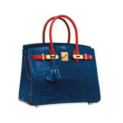 A CUSTOM SHINY BLEU ÉLECTRIQUE AND GÉRANIUM NILOTICUS CROCODILE BIRKIN 30 WITH GOLD HARDWARE