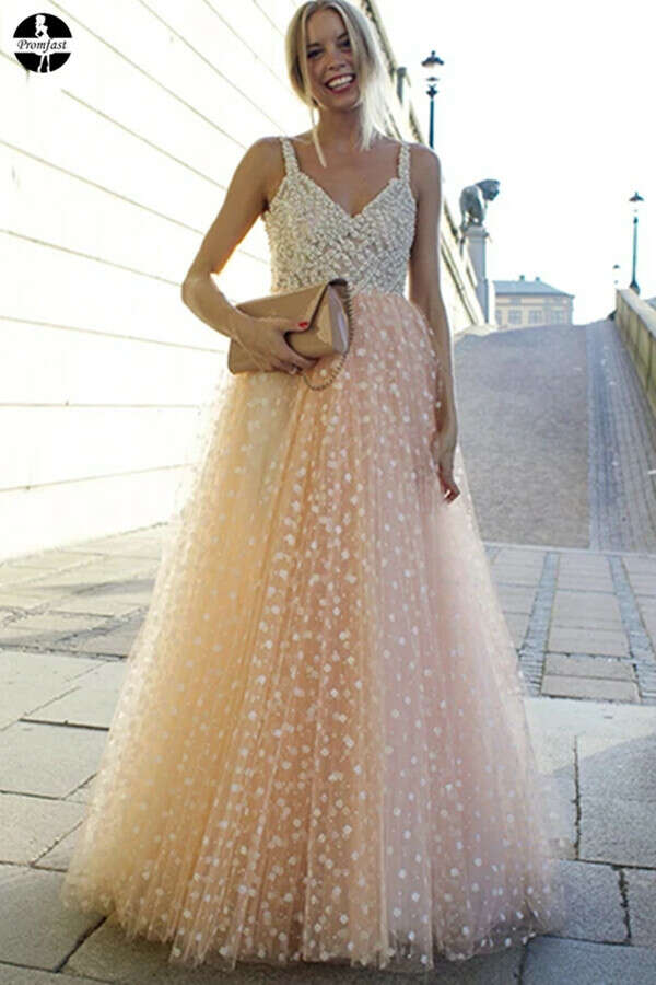 Promfast Sparkly Prom Dresses A-line Straps Beading Long Beautiful Prom Dress Sexy Evening Dress PFP1984