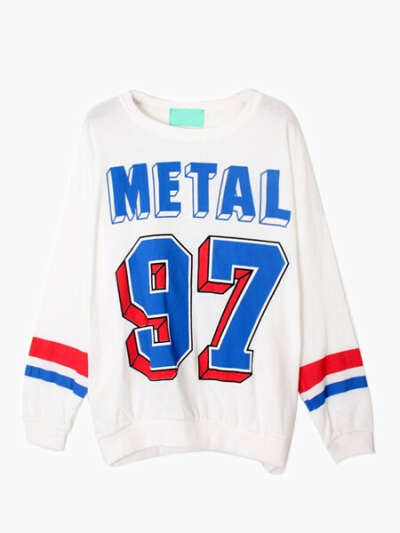 White Sweatshirt In Metal 97 Print With Stripe Cuff - Choies.com