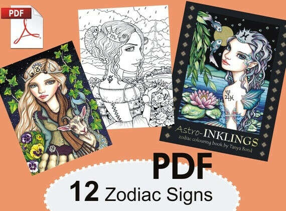 PDF Astro-INKLINGS colouring book for adults instant DOWNLOAD printable file fantasy illustration zodiac astrology signs