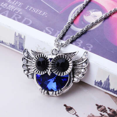 Cute Fat Blue Belly Owl Fashion Punk Rock Style Rhinestone White K Necklace