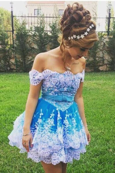Off Shoulder Lace Appliques Short Prom Gown, Cute Homecoming Dress PFH0116