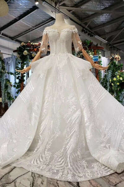 Ball Gown Half Sleeves Lace Bridal Dress with Sequins, Princess Long Wedding Dress PFW0377