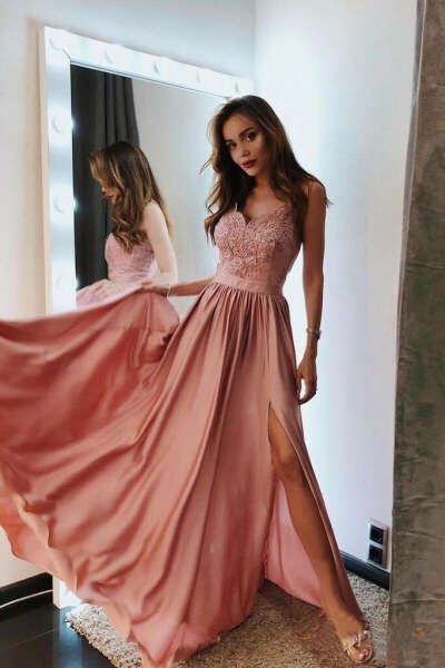 Pink V Neck Long Prom Dresses Lace Spaghetti Straps Prom Dress with Slit PFP0658