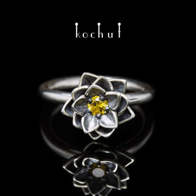 Ring «Lotus of the heart». Silver, oxidation, yellow sapphire
