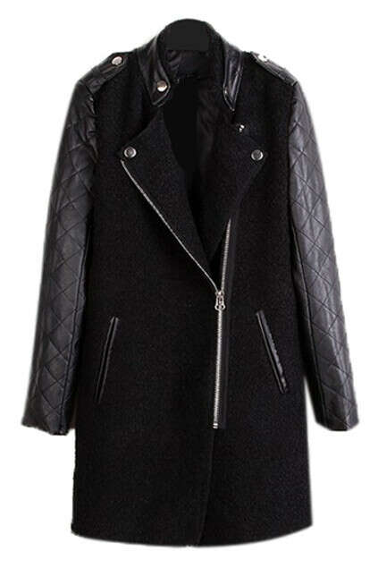 Zippered Black Panel Woolen Coat