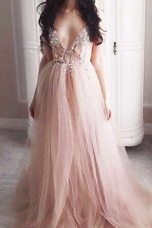 Luxurious Beaded V Neck Tulle Backless Sexy See Through Front Slit Pink Prom Dresses PFP0861