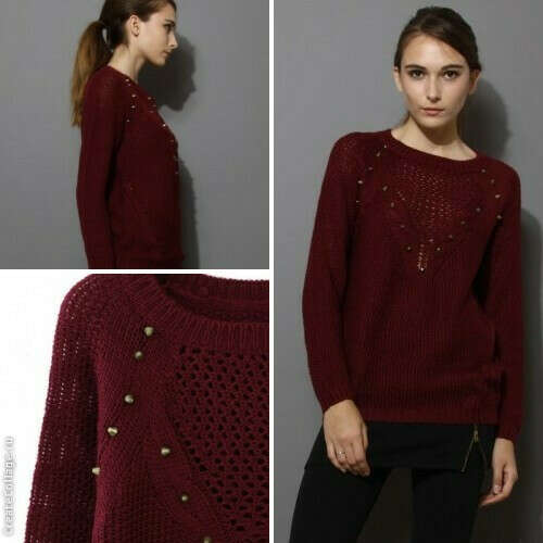 Studded Wine Red Knit Sweater