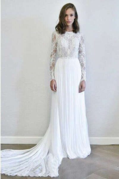 A-Line Long Sleeves Chiffon Long Simple Wedding Dress with Lace PFW0442