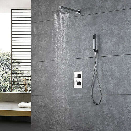 Contemporary 10 inch Rain Shower Handshower Included Thermostatic Brass Valve Chrome Shower Faucet – FaucetSuperDeal.com