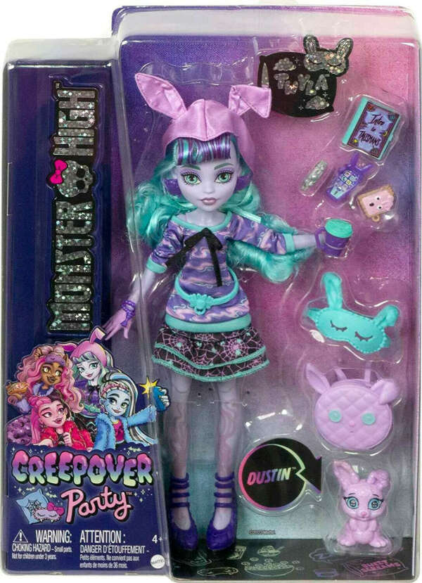 Monster High Doll and Sleepover Accessories, Twyla Doll with Pet Bunny Dustin, Creepover Party