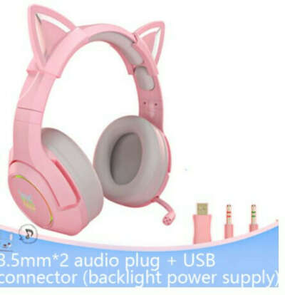 Игровые стереонаушники RGB 7,1, розовая гарнитура со съемными кошачьими ушками, проводные USB наушники с микрофоном и шумоподавлением для PS4/Xbox one, милая девушка