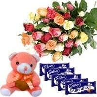 24 mix roses+teddy+5 cadburys chocolates