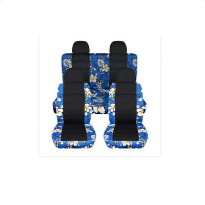 Hawaiian Print and Black Car Seat Covers with 4 (2 Front + 2 Rear) Headrest Covers - Full Set