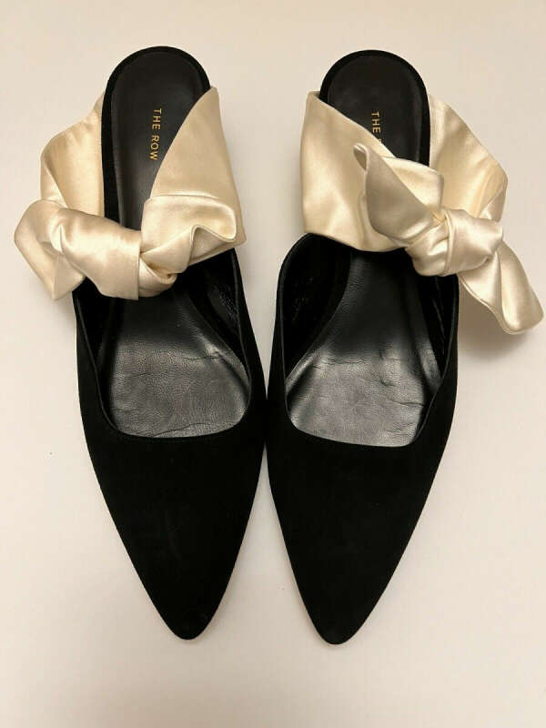 THE ROW Coco Black Knotted Bow Suede Grosgrain Mules