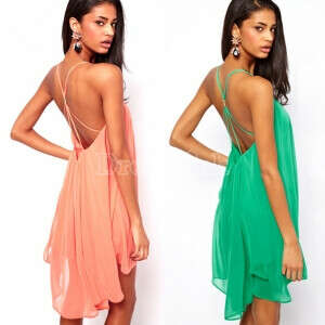 Women Chiffon Backless Sling Strap Back Clubwear Evening Mini Party Dress